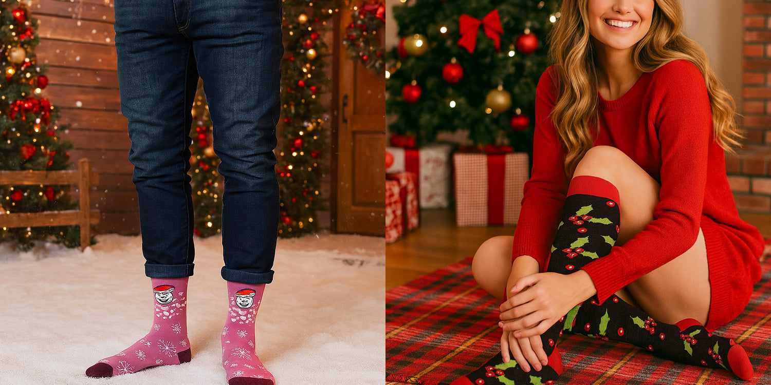 Two people wearing festive socks with Christmas-themed designs in a decorated room.