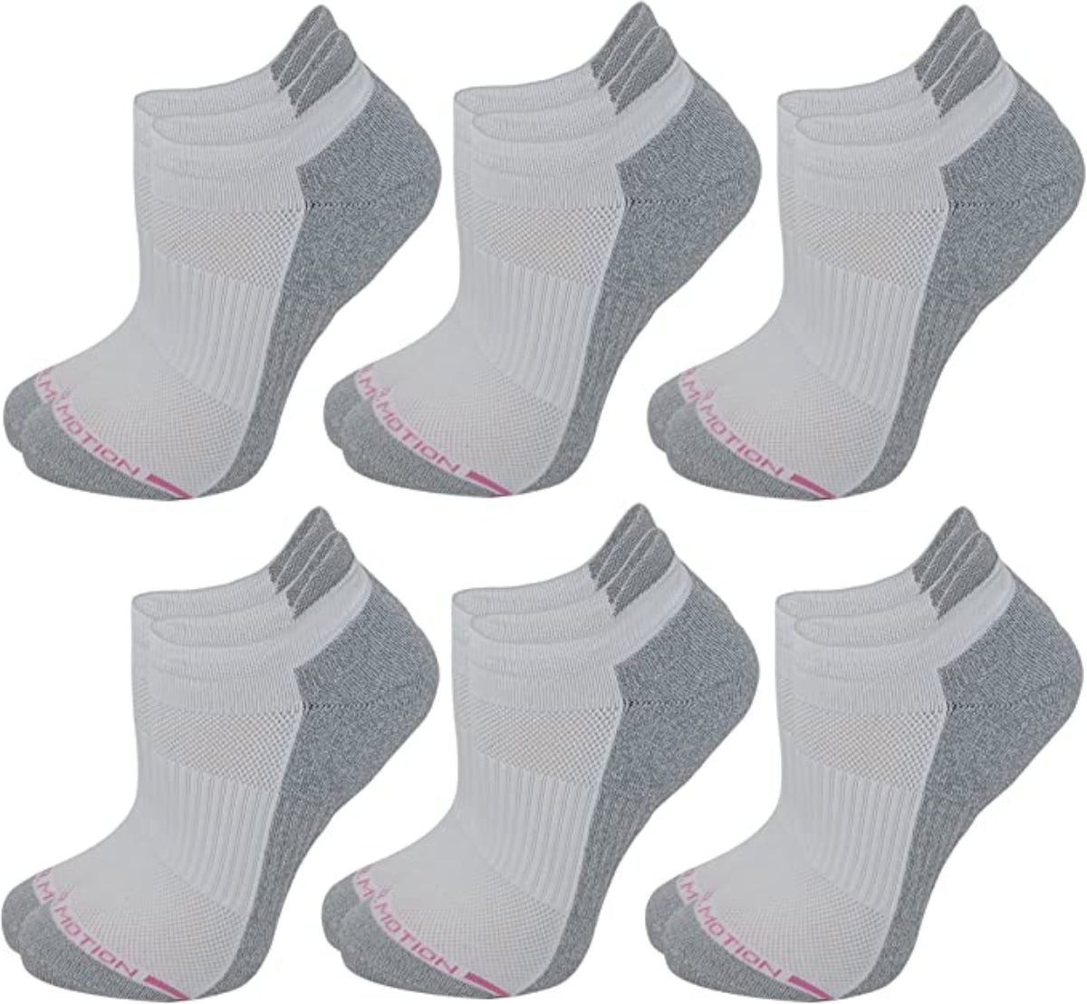 A set of six plain basic color ankle compression socks for women, displayed in three pairs with white and gray colors.