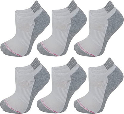 A set of six plain basic color ankle compression socks for women, displayed in three pairs with white and gray colors.