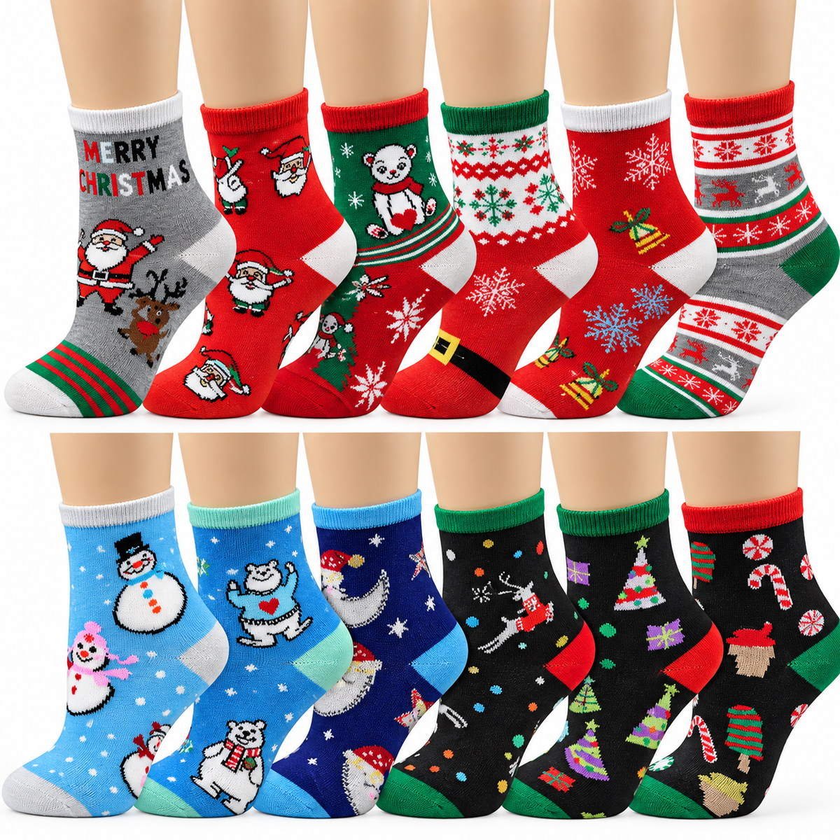 Kids Crew Socks | Christmas Festive Design I Boys and Girls (12 Pairs)
