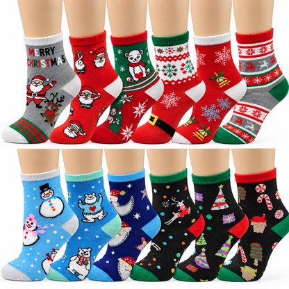 Kids Crew Socks | Christmas Festive Design I Boys and Girls (12 Pairs)