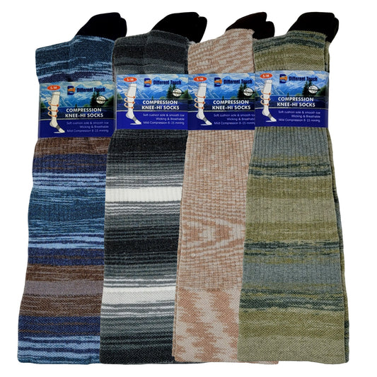 Four pairs of compression knee-high socks in different colors on a white background.