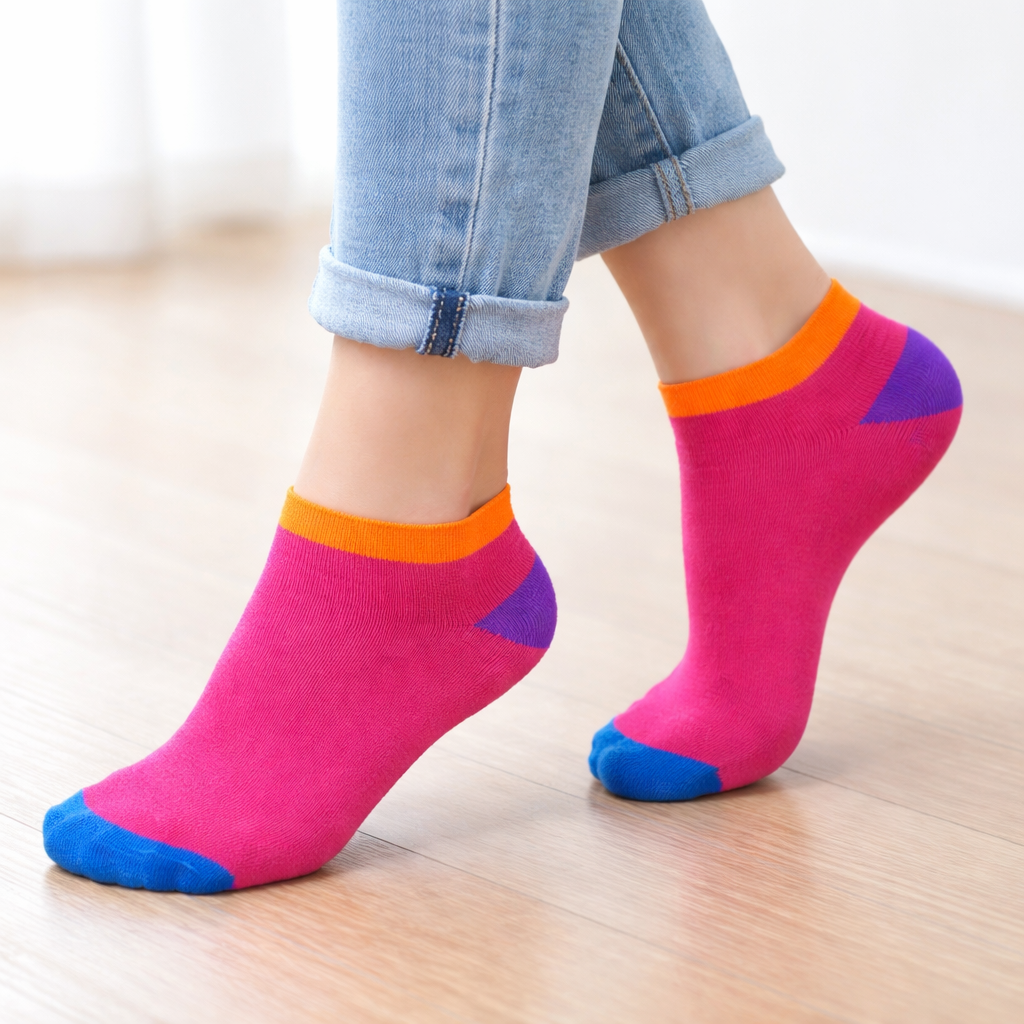 Colorful socks with geometric patterns worn by a person on a wooden floor.