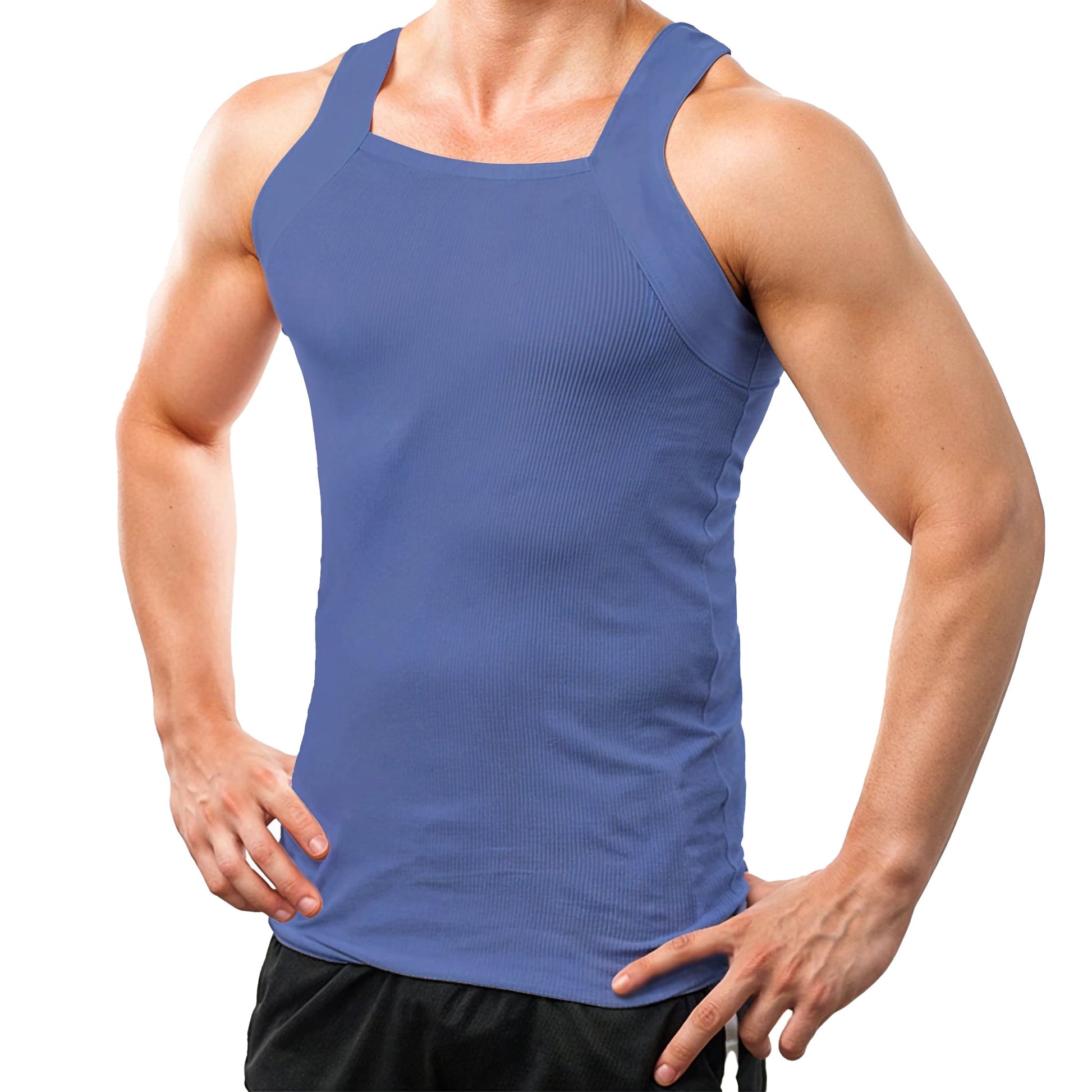A man wearing a black square cut G-unit tank top with muscle rib basic color A-shirts.