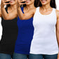 Three women wearing black, blue, and white tank tops 