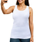 Woman wearing a white tank top on a white background