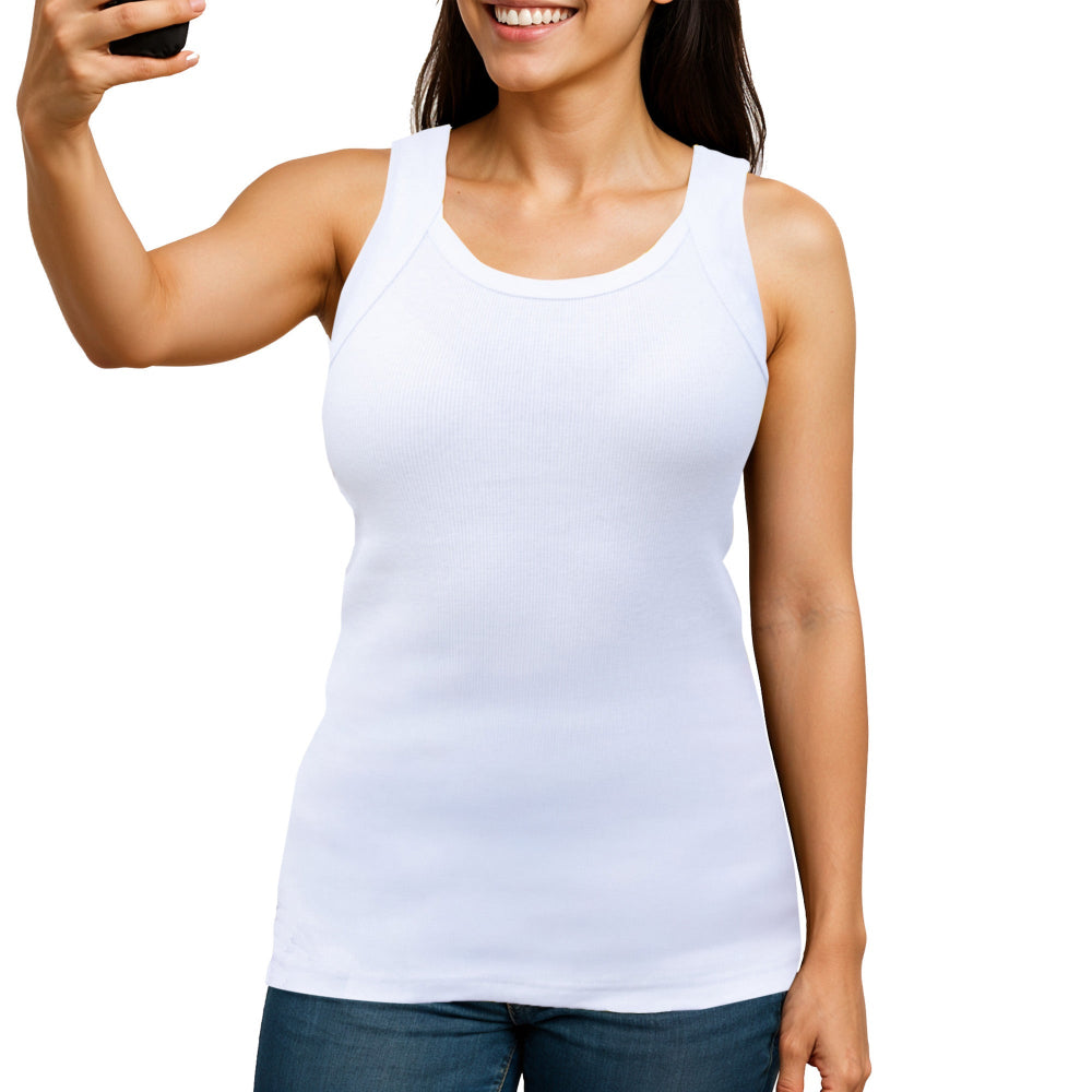 Woman wearing a white tank top on a white background
