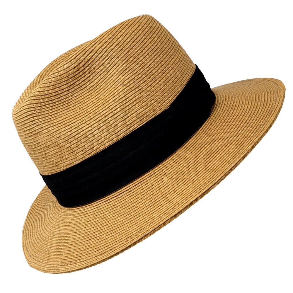 Beige straw fedora hat with a black band on a white background