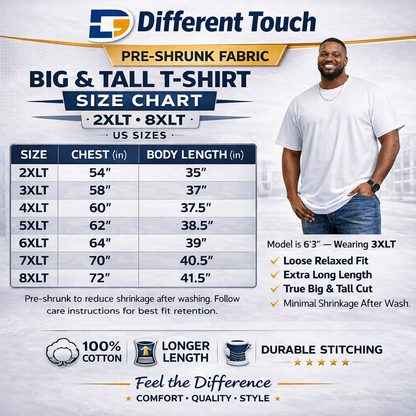 Different Touch Long Length T-Shirt| Big & Tall| 100% Cotton| Pre-Shrunk
