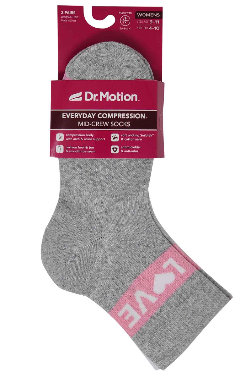 Mid-Crew Compression Socks for Women | White Love Half-Cushion | Dr. Motion (2-Pack)