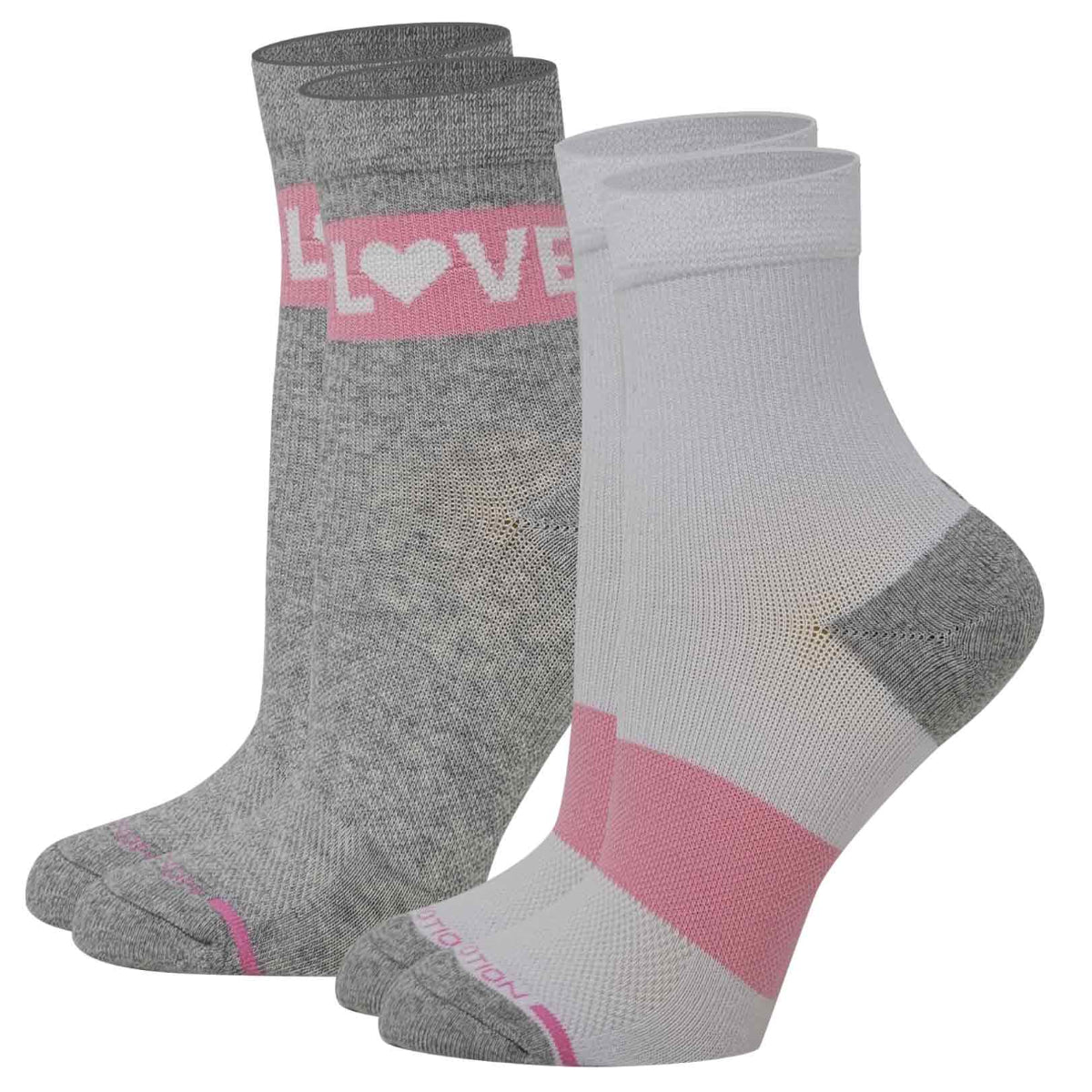 Two pairs of compression socks, one in solid gray and the other in a mix of gray and pink with a 'LOVE' text design.