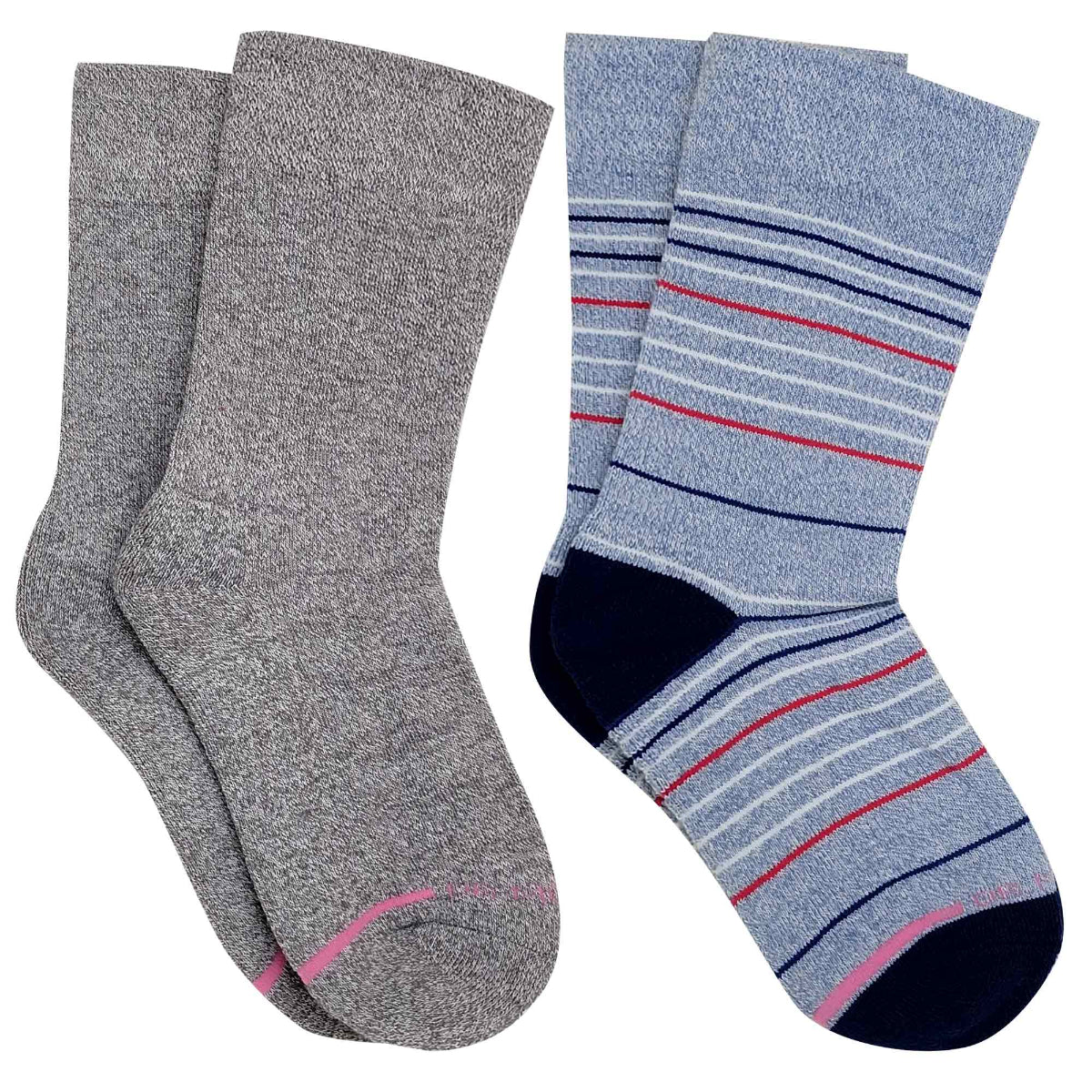 Women’s crew diabetic socks by Dr. Motion with thin stripe design and non-binding cuff