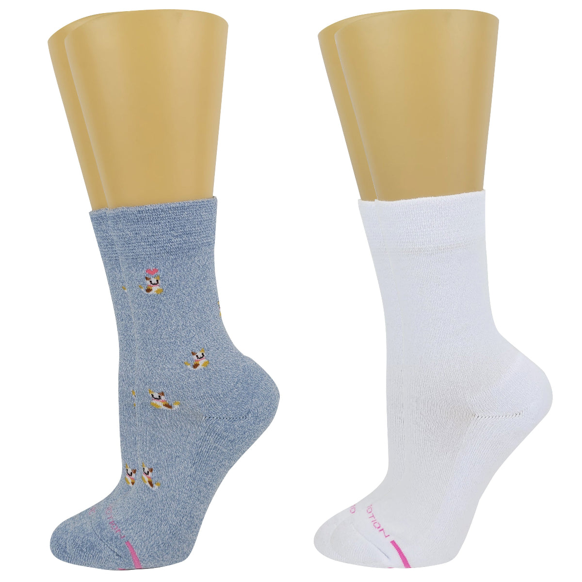 Two pairs of compression socks, one blue with bird pattern and one white, on beige mannequin feet.
