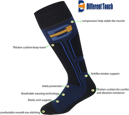 Close-up of Thermolite and merino wool blend ski socks showing cushioned knit and breathable fibers