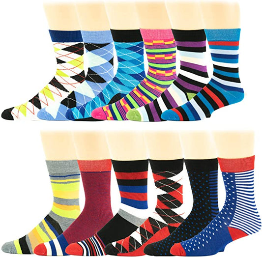 Men’s assorted design dress socks with colorful patterns – 12-pair pack