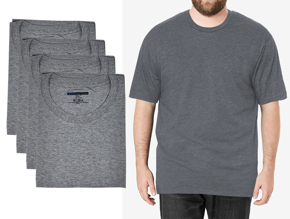 Gray t-shirts on a white background with a man wearing a gray t-shirt.
