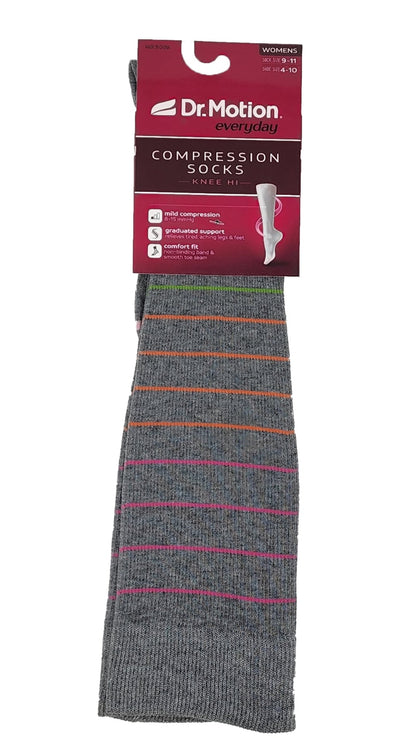 Gray compression sock with colorful stripes on a white background, featuring Dr. Motion packaging.